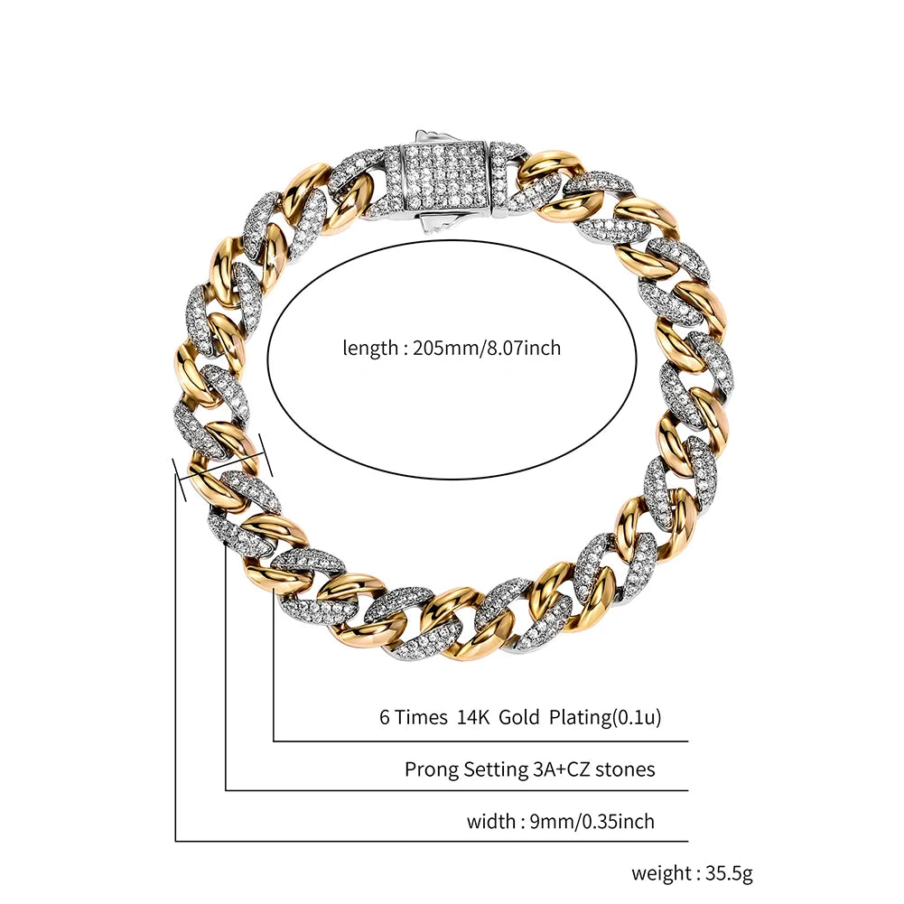 TOPGRILLZ New 9/14MM  Cuban Chain Bracelet With Gold Silver Color Spring Clasp Bling Iced Out CZ Jewelry Gift For Men Women