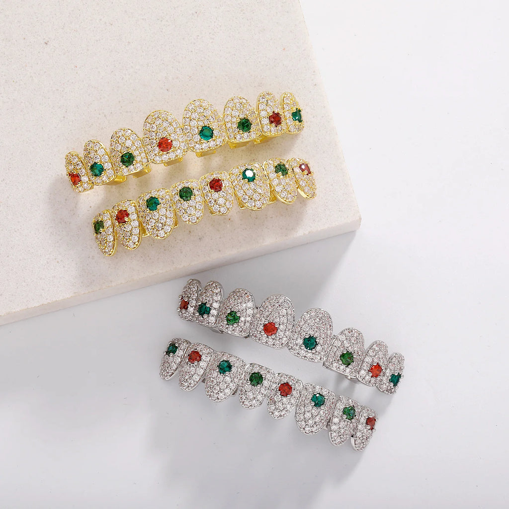 TOPGRILLZ Iced Out Full Cubic Zircon Tooth Caps 8 Top&8 Bottom Set Braces Multi-Colors Teeth Grillz For Party Christmas Gift