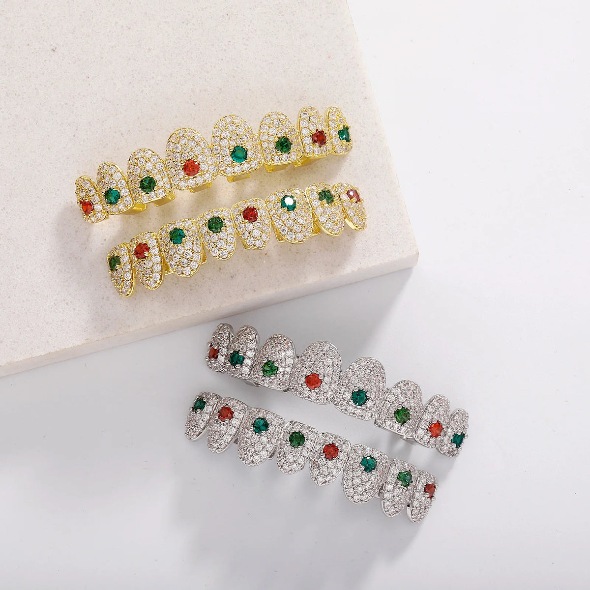 TOPGRILLZ Iced Out Full Cubic Zircon Tooth Caps 8 Top&8 Bottom Set Braces Multi-Colors Teeth Grillz For Party Christmas Gift