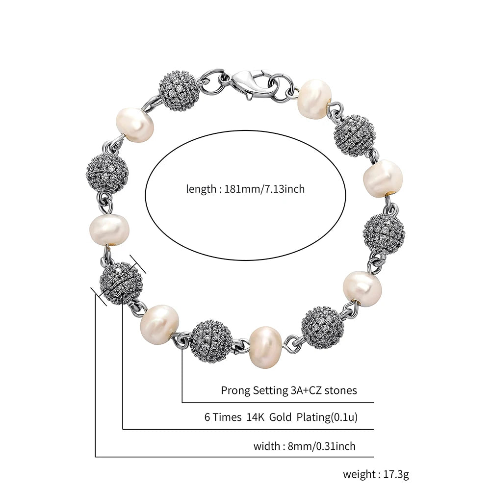 TOPGRILLZ 6mm8mm Big Round Ball Bracelet with Pearl Hip Hop Bracelet Iced Out CZ Gold Color Bracelet Punk Bling Jewelry For Gift
