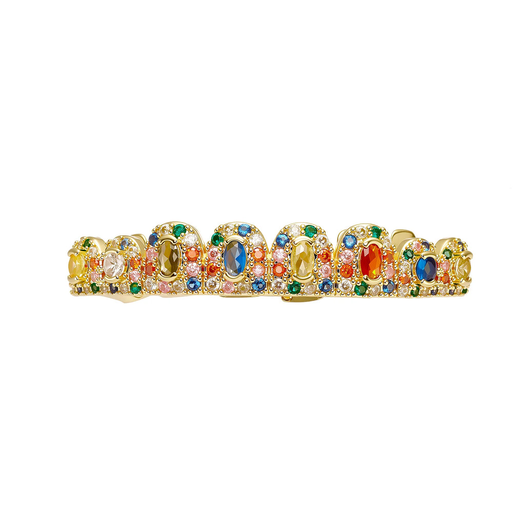 TOPGRILLZ  Hip Hop Full Iced Out  Set 8 Top&8 Bottom Tooth Cap Rainbow Candy Color Dental Grills For Unisex
