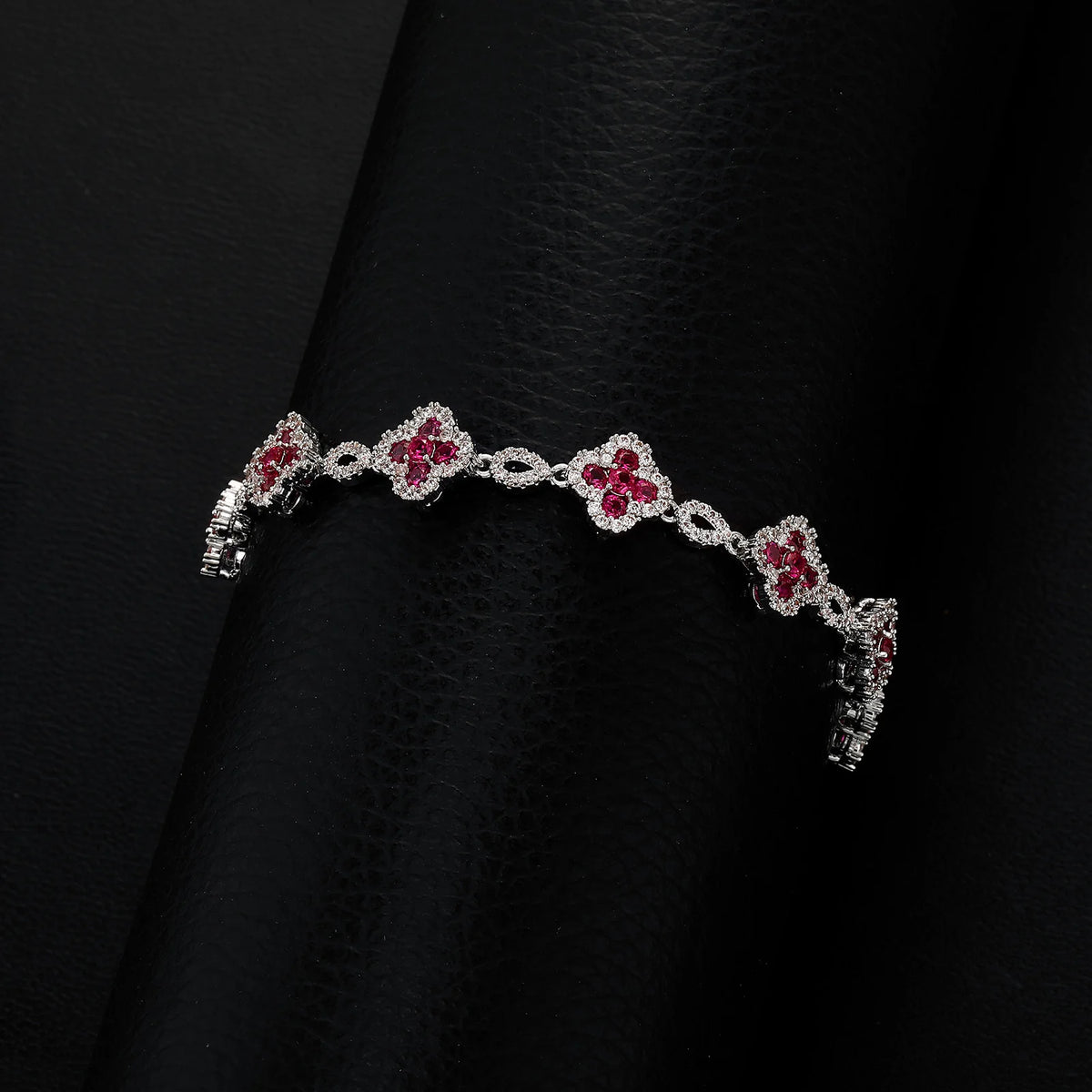TOPGRILLZ French Luxury Platinum Plated Copper Y2K Four Leaf Clover Bracelet Wine Red CZ HipHop Jewelry Party Gift For Men&Women