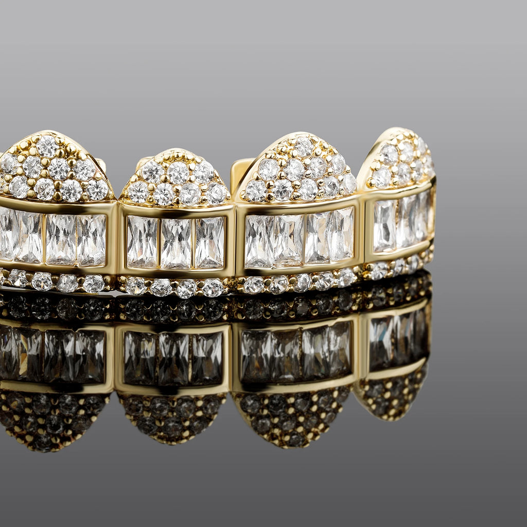 TOPGRILLZ New Baguette Set Teeth Grillz Top & Bottom 14K White Gold Hip Hop Fashion Rapper Jewelry Gift For Men Women
