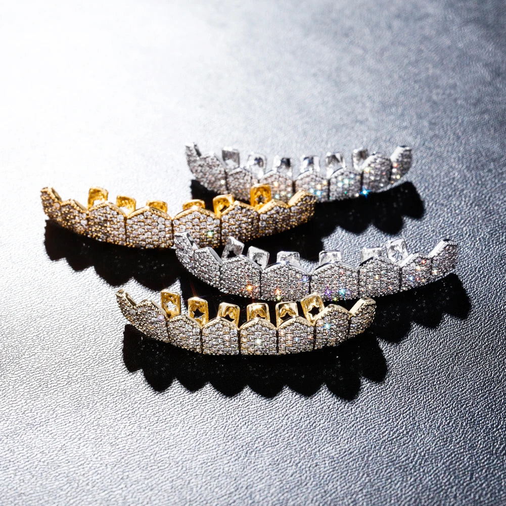 TOPGRILLZ 3 Styles Hip Hop Grillz Full CZ Fang Wavy Pink Accent Grills Set Iced Out 8 Teeth Halloween Jewelry Men Women