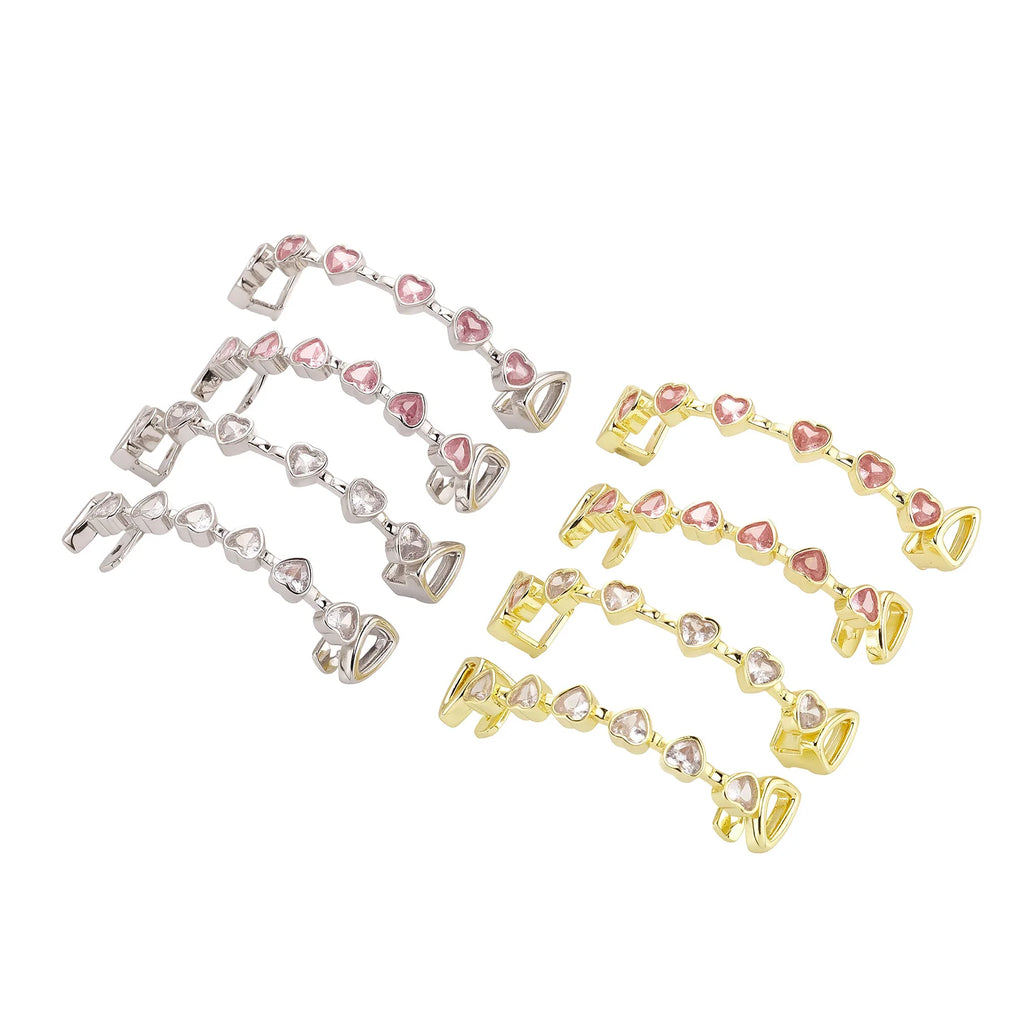 TOPGRILLZ Hip Hop Y2K Copper Grillz Set Pink And Clear Heart CZ Top Bottom Teeth Cap Sweet Cool Bling Jewelry For Women Men