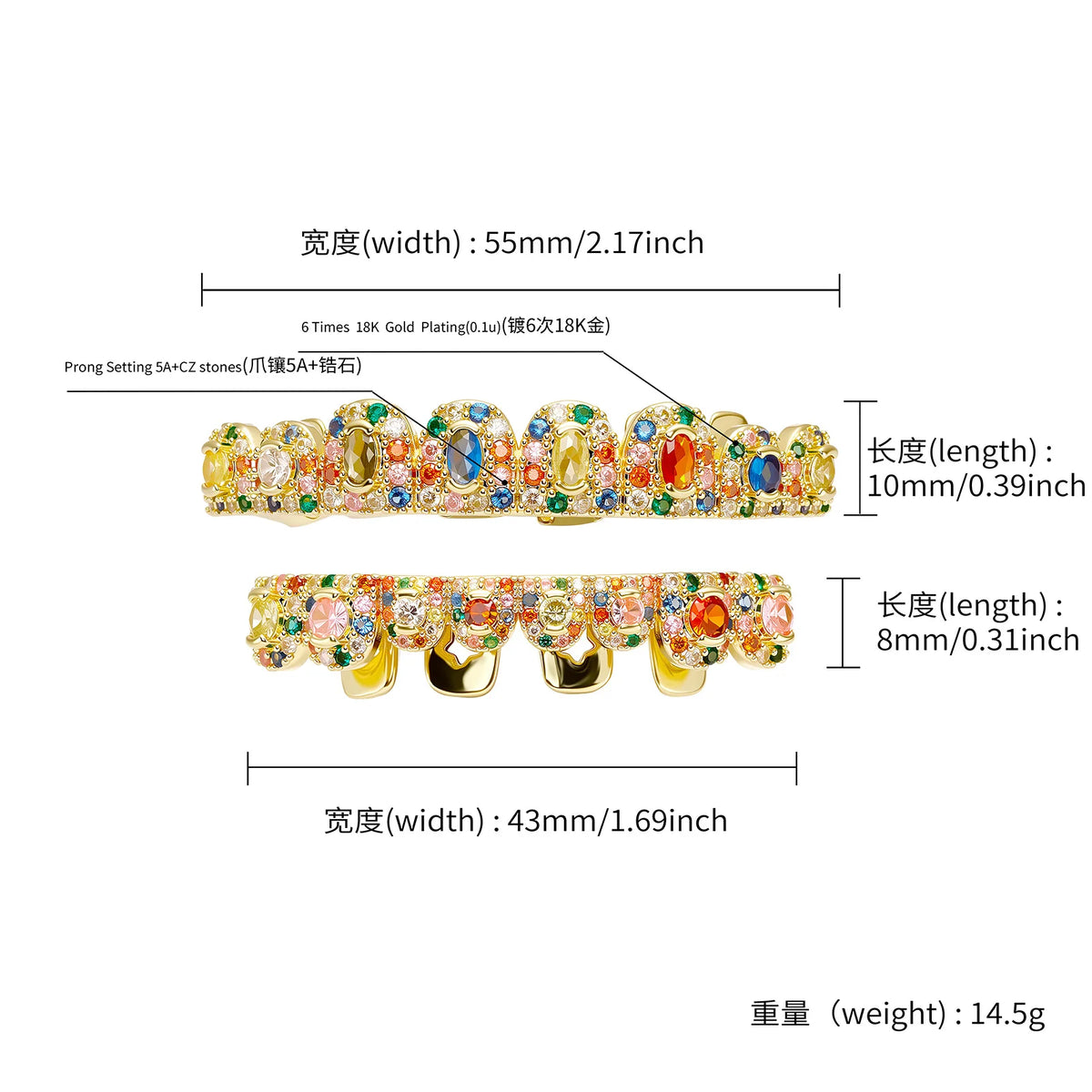 TOPGRILLZ  Hip Hop Full Iced Out  Set 8 Top&8 Bottom Tooth Cap Rainbow Candy Color Dental Grills For Unisex