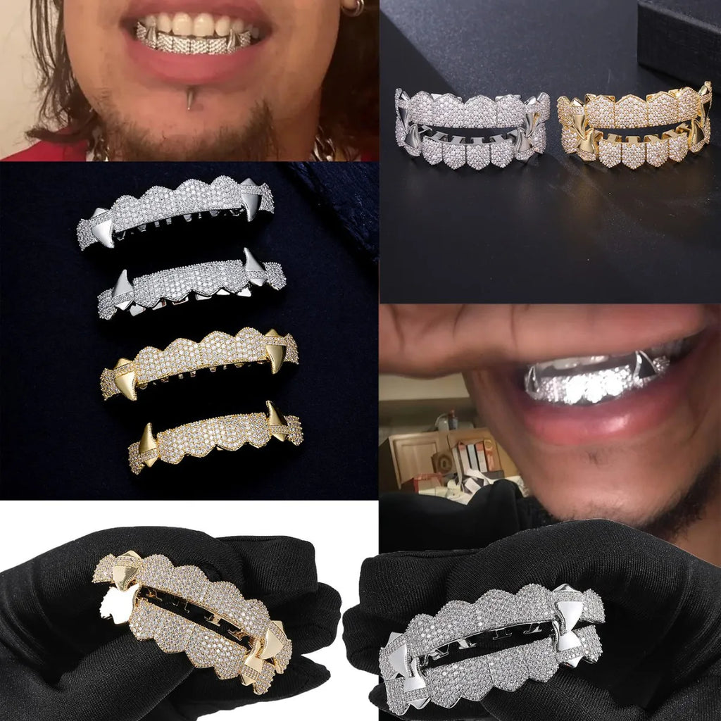 TOPGRILLZ Iced Out 5A+ CZ Teeth Set 8 Top& 8 Bottom Mouth Gold Silver Color Tooth Caps Removable Dental Grills For Halloween