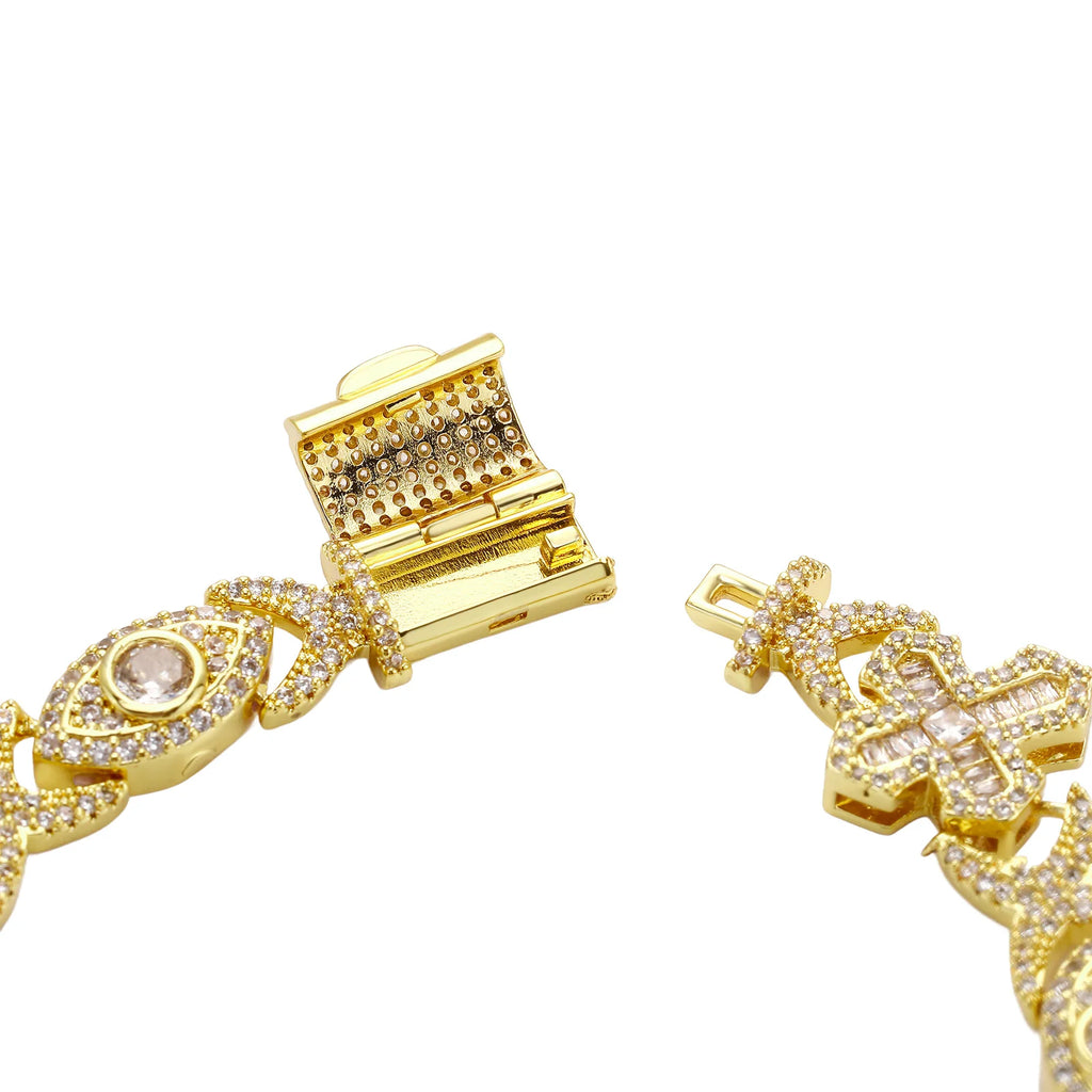 TOPGRILLZ Evil Eye Cross Infinity Symbol Link Bracelet Iced Out Gold Plated CZ Paved Hip Hop Gothic Halloween Jewelry Men Women