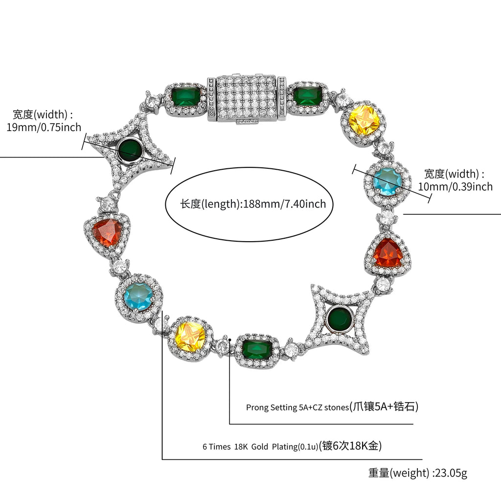 TOPGRILLZ Multicolor CZ Star Link Bracelet Necklace Gold/Silver Plated Y2K Dopamine Hip Hop Jewelry Iced Out Couple Unisex Gift