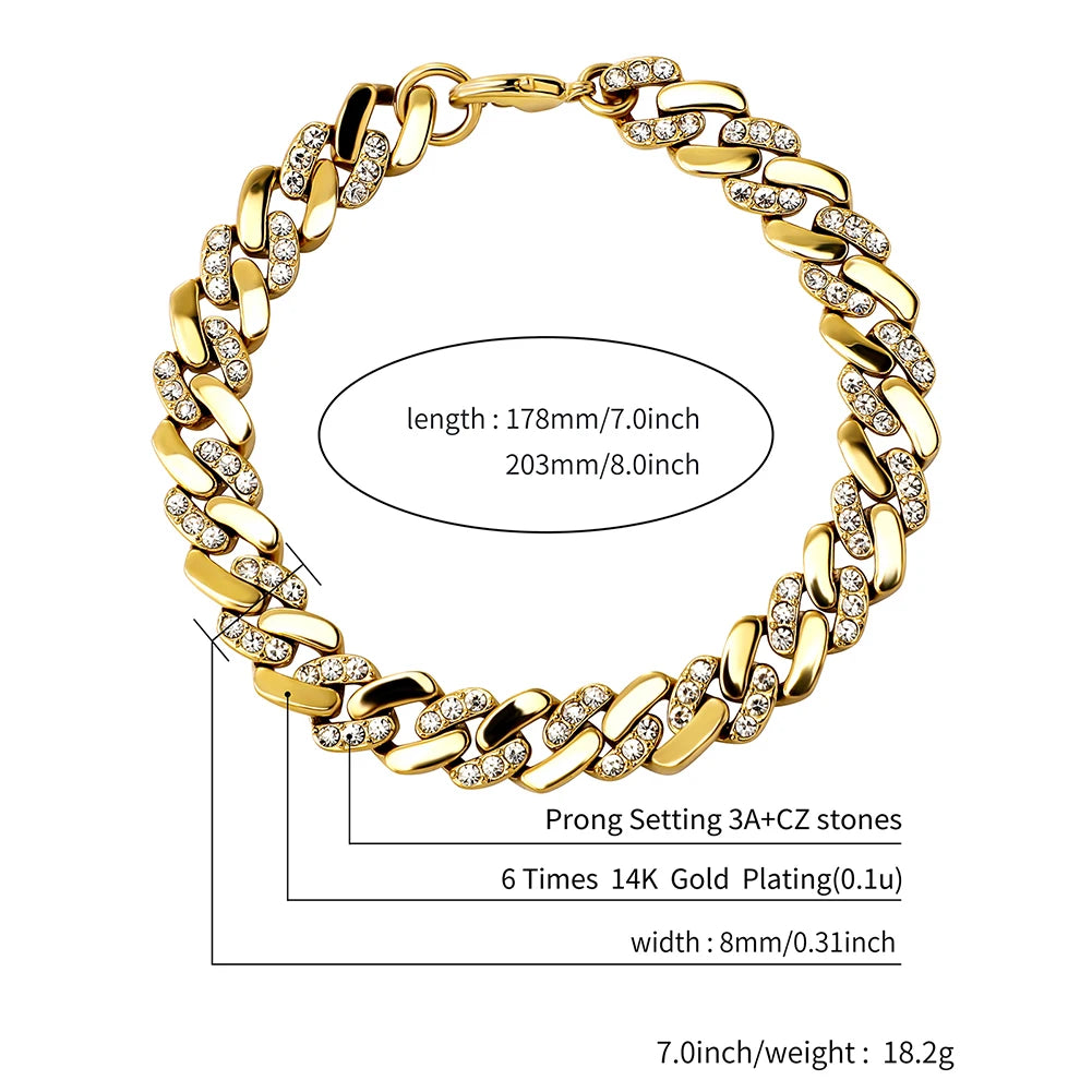 TOPGRILLZ 6MM/8MM Cuban Chain Necklace With Gold Plated Waterproof Iced Out Czechic Stone Hip Hop Fashion Jewelry For Men Women