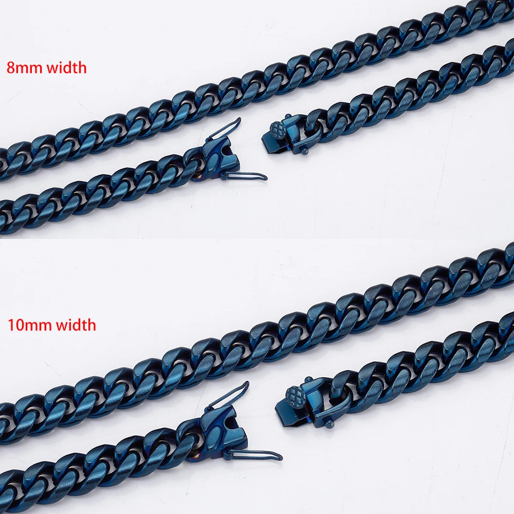 TOPGRILLZ Hip Hop Streetwear Jewelry Blue Polish Thick Cuban Link Chain Necklace/Bracelet Stainless Steel 8mm 10mm For Men&Women