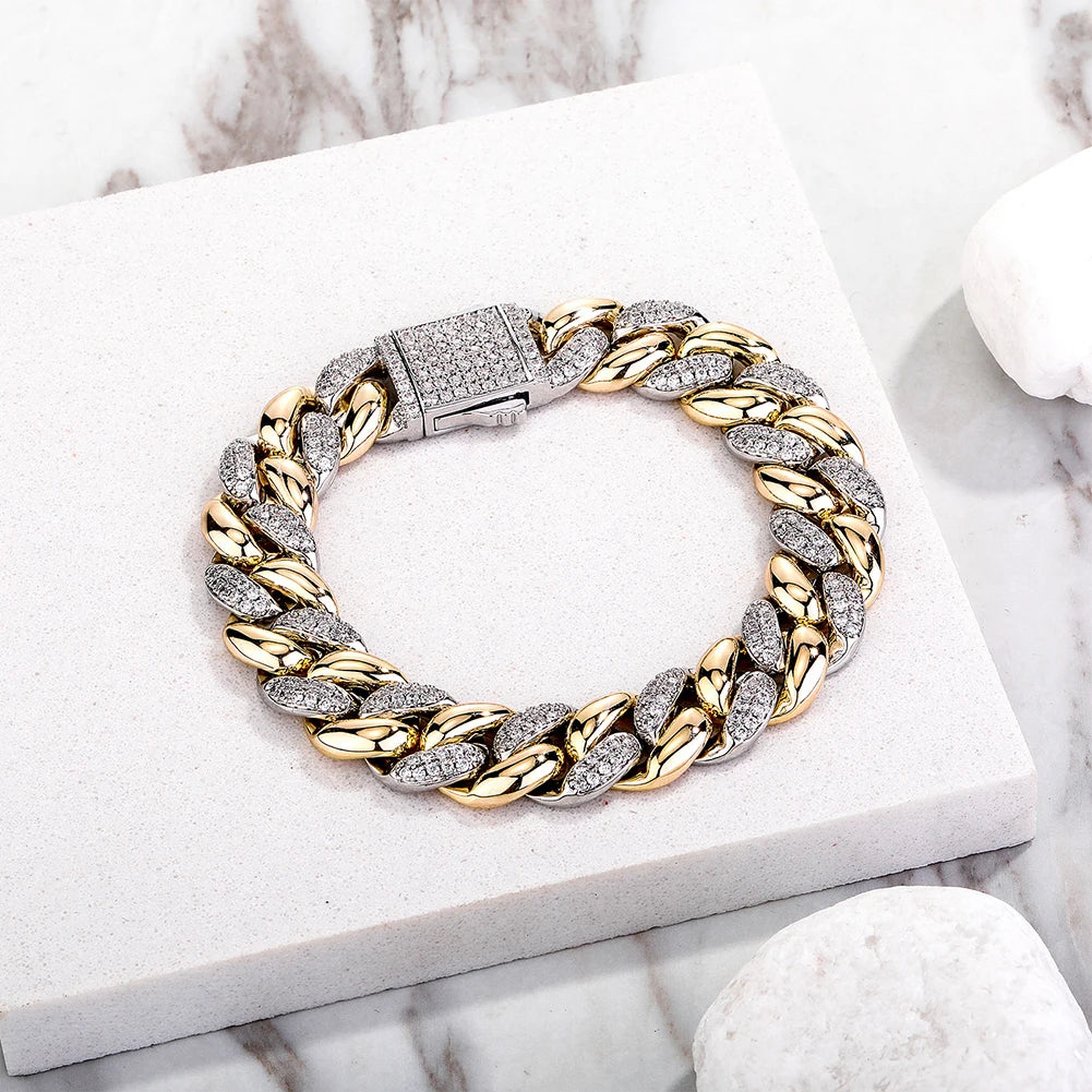 TOPGRILLZ New 9/14MM  Cuban Chain Bracelet With Gold Silver Color Spring Clasp Bling Iced Out CZ Jewelry Gift For Men Women