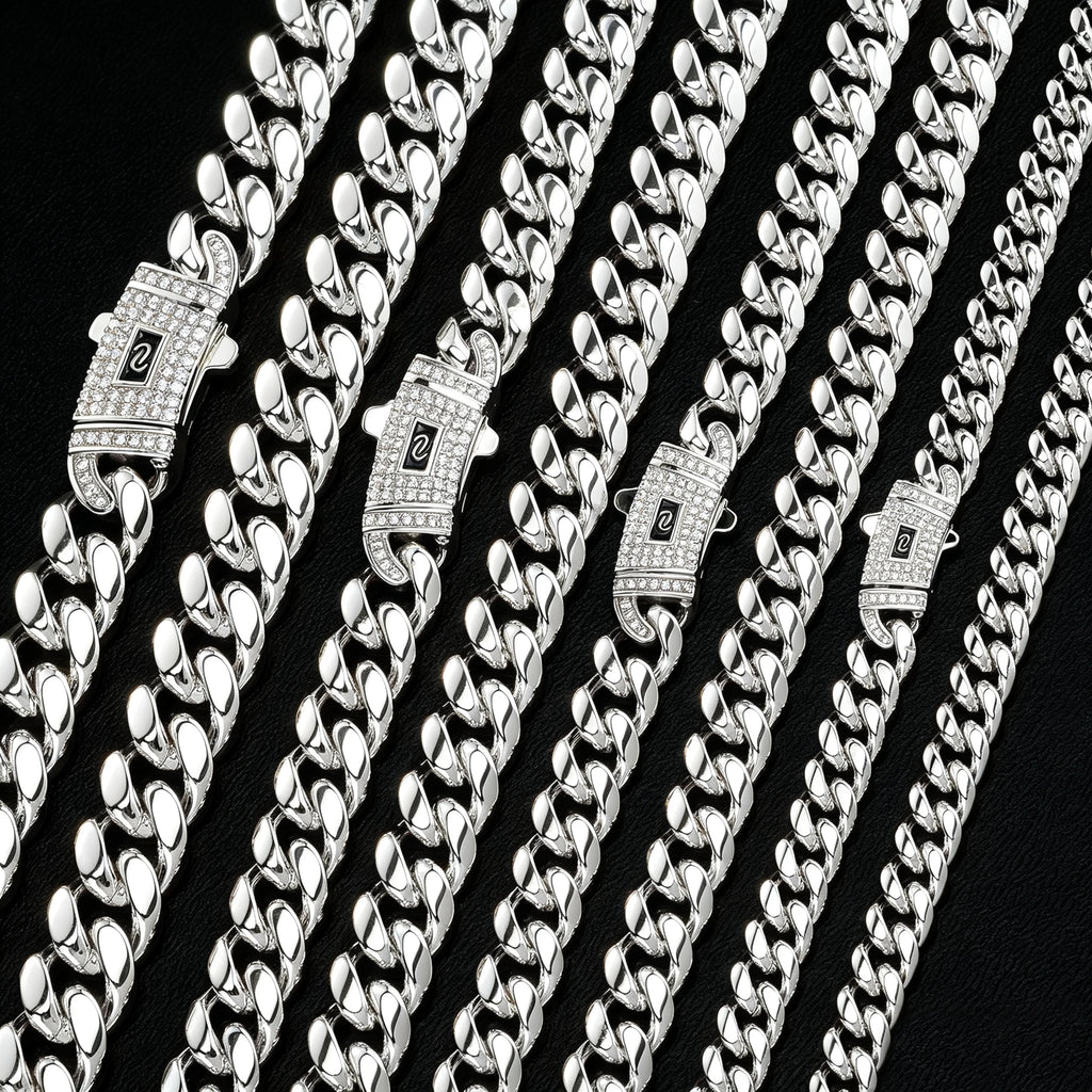 TOPGRILLZ Solid Stainless Steel Cuban Chain Necklace Anti-Rust CZ Iced Straight & Curved Lock Clasp 8-14mm Hip Hop Jewelry