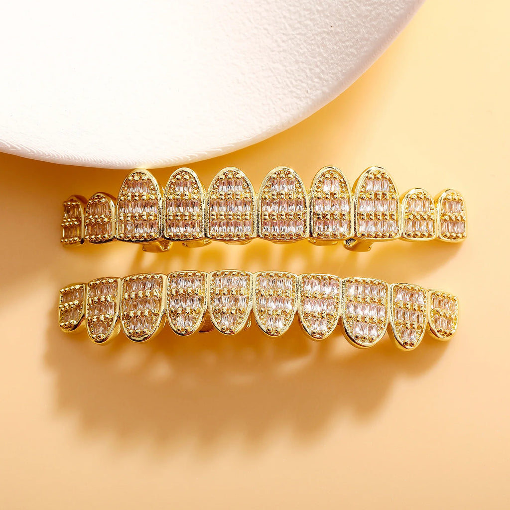 TOPGRILLZ 10/10 Iced Out Square Cubic Zircon Tooth Caps Hip Hop Full CZ Stone Teeth Grillz For Women Men Jewelry Dental Grills