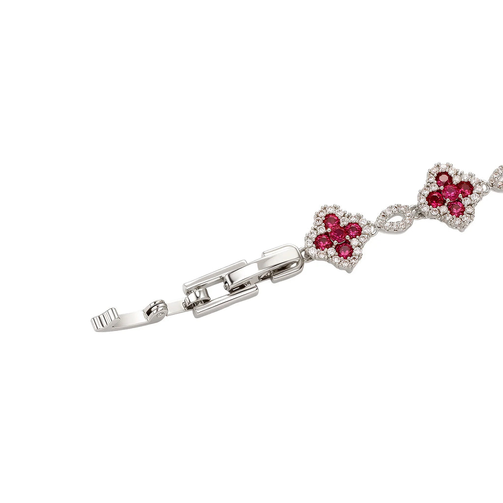 TOPGRILLZ French Luxury Platinum Plated Copper Y2K Four Leaf Clover Bracelet Wine Red CZ HipHop Jewelry Party Gift For Men&Women
