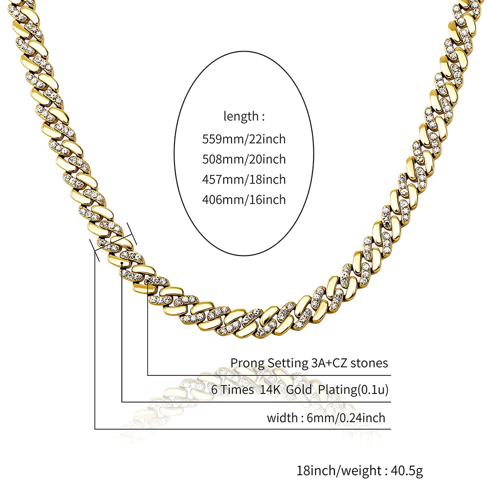 TOPGRILLZ 6MM/8MM Cuban Chain Necklace With Gold Plated Waterproof Iced Out Czechic Stone Hip Hop Fashion Jewelry For Men Women