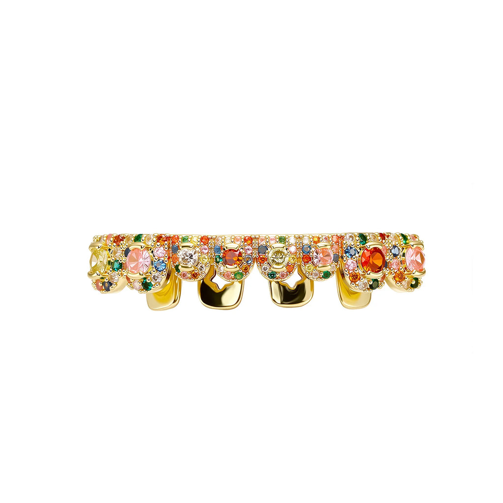TOPGRILLZ  Hip Hop Full Iced Out  Set 8 Top&8 Bottom Tooth Cap Rainbow Candy Color Dental Grills For Unisex