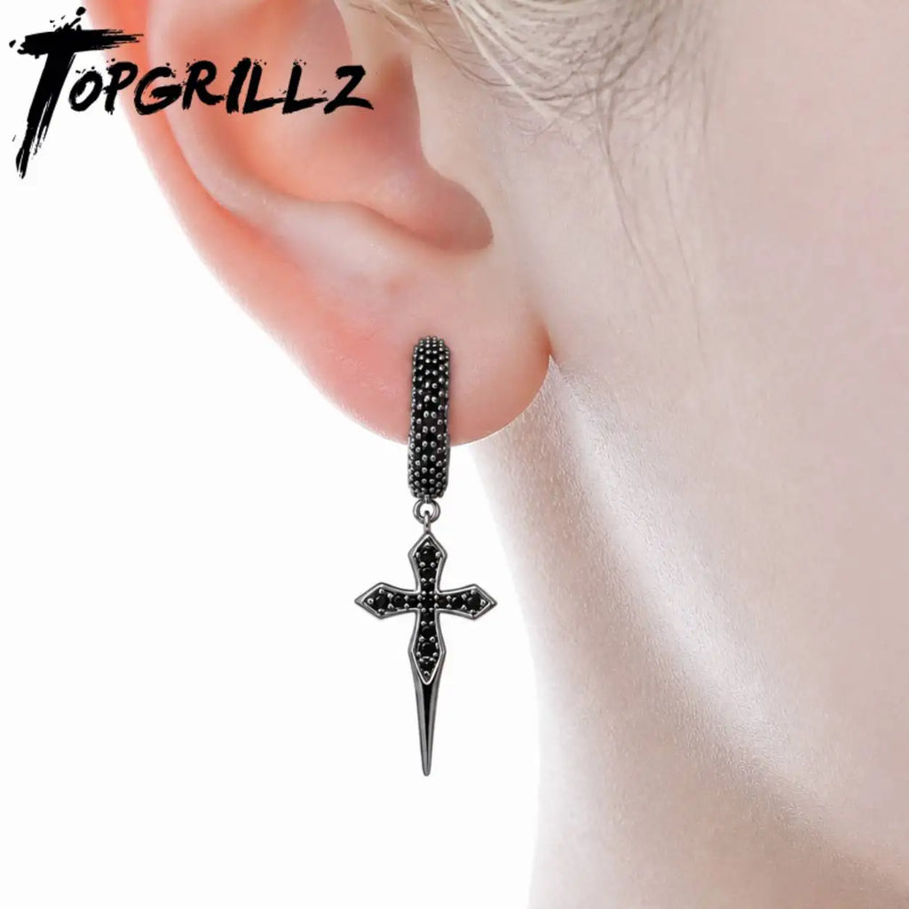 TOPGRILLZ Black CZ Ear Cuff Earrings Gun Plated Helloween Cross C-Shape Iced Out Hip Hop Gothic Jewelry Men Women