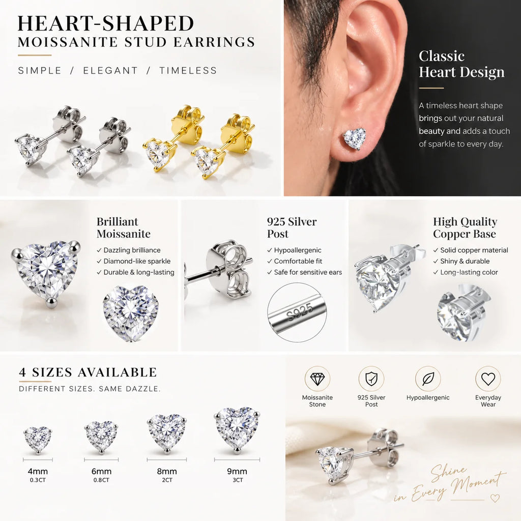 TOPGRILLZ Heart Moissanite Stud Earrings 4-9mm 925 Silver Post 3-Prong Sparkling Christmas Gift Hip Hop Jewelry Men Women