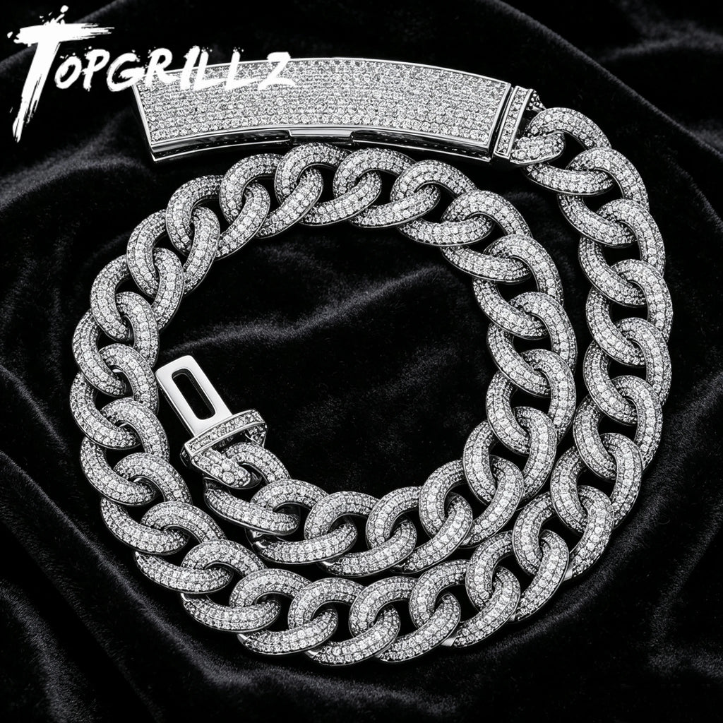 TOPGRILLZ 13mm Heavy Duty Full CZ Miami Cuban Chain Necklace Long Box Clasp Iced Out Silver Plated Bling Hip Hop Men Women