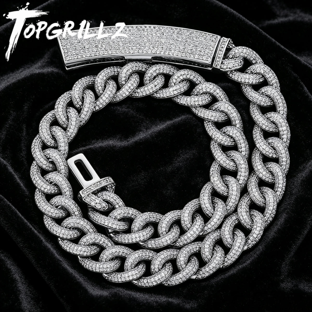 TOPGRILLZ 13mm Heavy Duty Full CZ Miami Cuban Chain Necklace Long Box Clasp Iced Out Silver Plated Bling Hip Hop Men Women