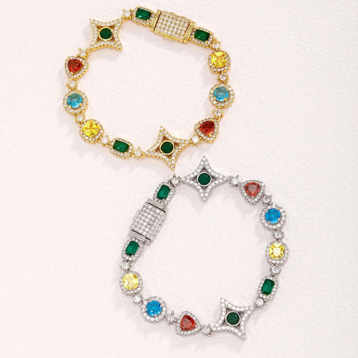 TOPGRILLZ Multicolor CZ Star Link Bracelet Necklace Gold/Silver Plated Y2K Dopamine Hip Hop Jewelry Iced Out Couple Unisex Gift