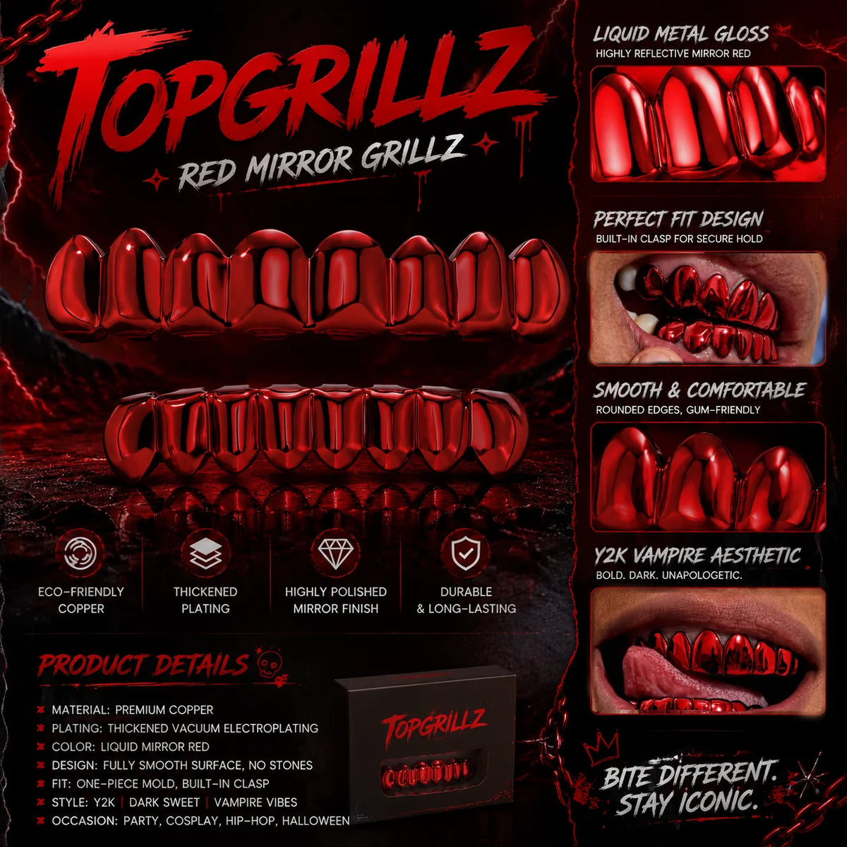 TOPGRILLZ Red Mirror Hip Hop Grillz Set 2Pcs 8 Teeth Top Bottom Grills Y2K Party Cosplay Teeth Halloween Jewelry Men Women