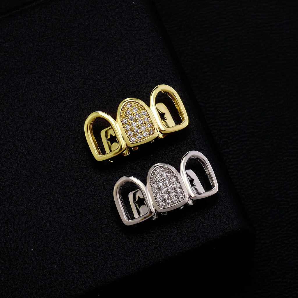 TOPGRILLZ Hip Hop CZ Teeth Grillz For Men Women Gold Silver Color 3 Tooth Grills Cap Dental Grill Punk Rapper Teeth Caps