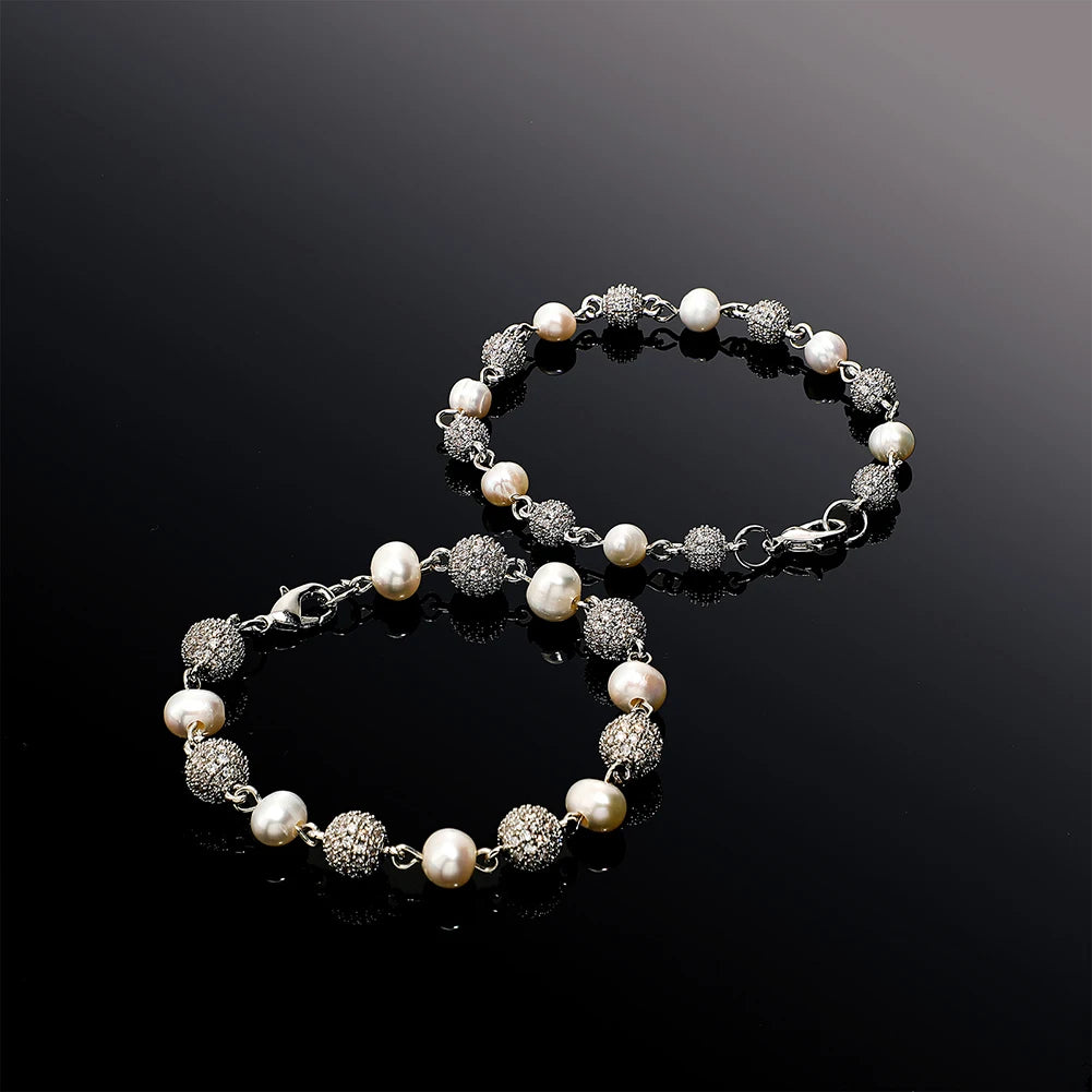 TOPGRILLZ 6mm8mm Big Round Ball Bracelet with Pearl Hip Hop Bracelet Iced Out CZ Gold Color Bracelet Punk Bling Jewelry For Gift