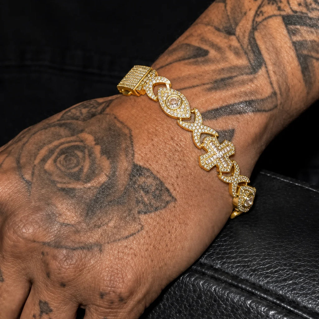 TOPGRILLZ Evil Eye Cross Infinity Symbol Link Bracelet Iced Out Gold Plated CZ Paved Hip Hop Gothic Halloween Jewelry Men Women