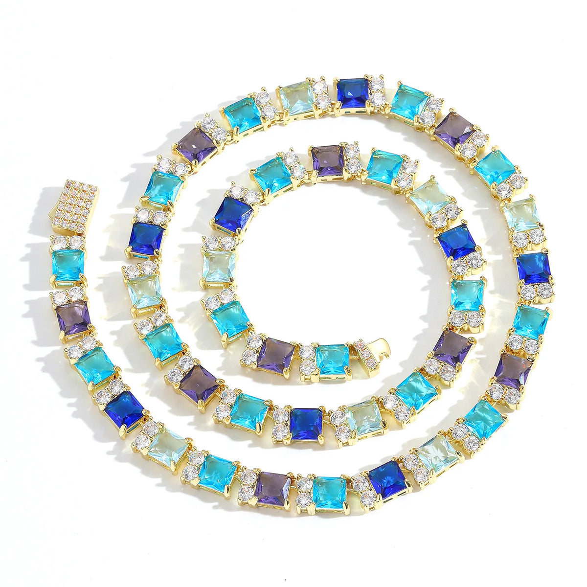 TOPGRILLZ Blue Zircon Tennis Chain Silver Plated Square Color CZ Iced Out Necklace Bracelet Box Clasp Hip Hop Jewelry Men Women