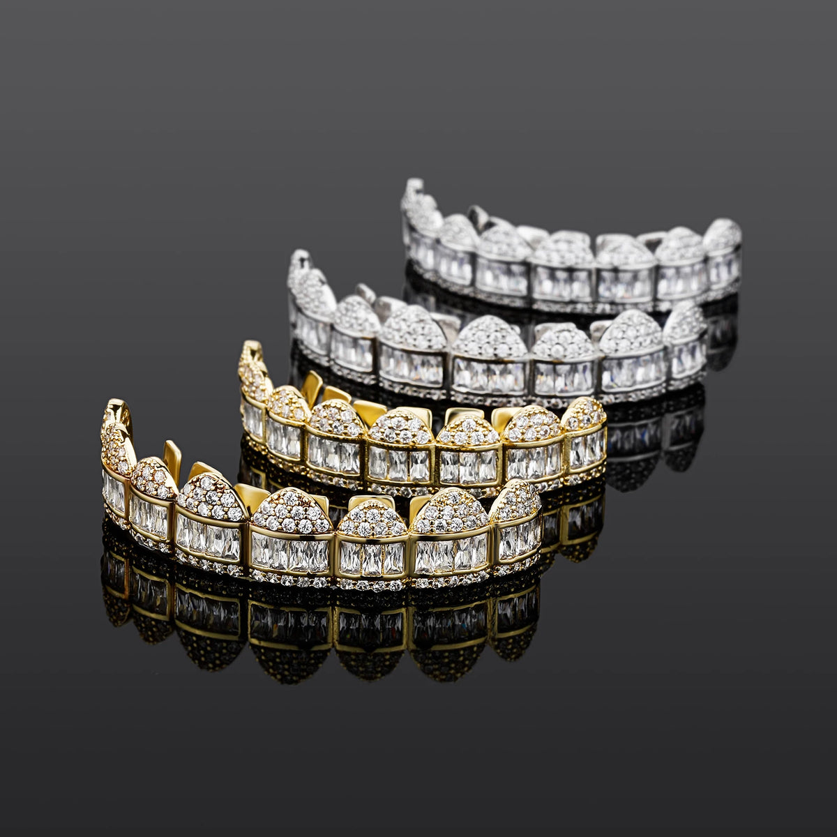 TOPGRILLZ New Baguette Set Teeth Grillz Top & Bottom 14K White Gold Hip Hop Fashion Rapper Jewelry Gift For Men Women
