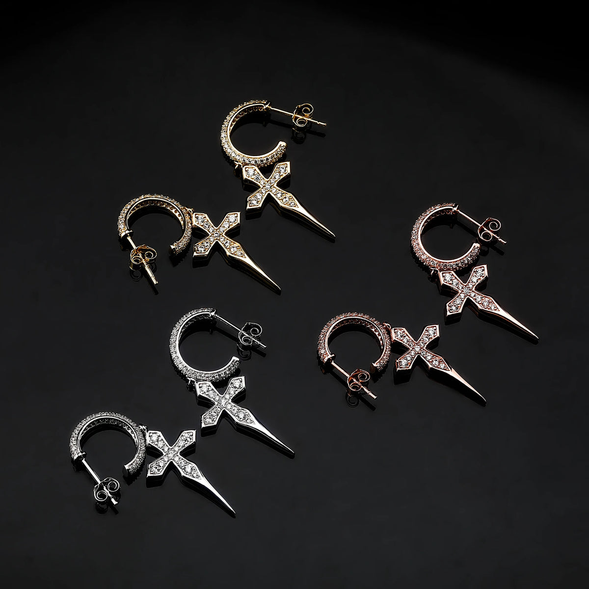 TOPGRILLZ Black CZ Ear Cuff Earrings Gun Plated Helloween Cross C-Shape Iced Out Hip Hop Gothic Jewelry Men Women