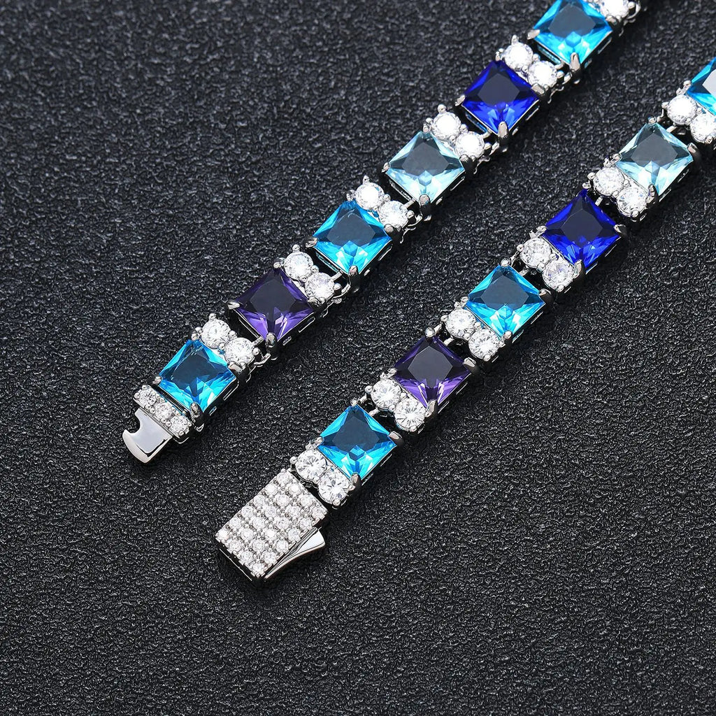 TOPGRILLZ Blue Zircon Tennis Chain Silver Plated Square Color CZ Iced Out Necklace Bracelet Box Clasp Hip Hop Jewelry Men Women