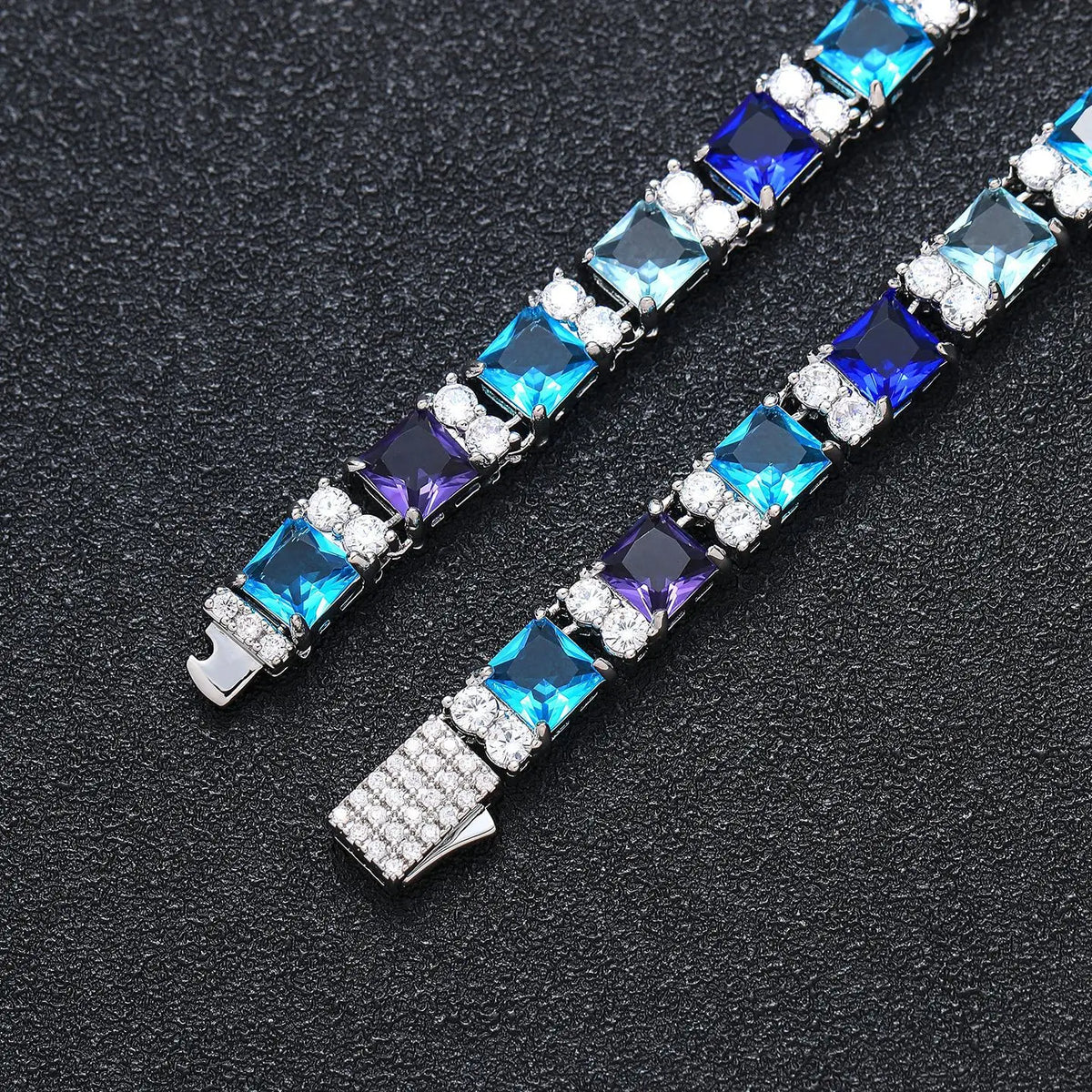 TOPGRILLZ Blue Zircon Tennis Chain Silver Plated Square Color CZ Iced Out Necklace Bracelet Box Clasp Hip Hop Jewelry Men Women