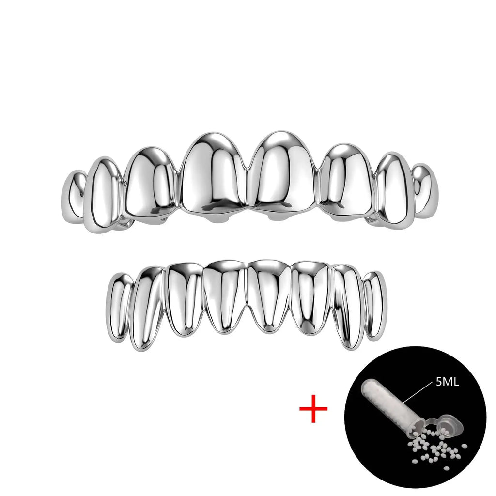 TOPGRILLZ 8 Top 8 Bottom Grillz Set No Stone Mirror Polished Realistic Teeth Outline Hip Hop Decorative Tooth Jewelry Men Women