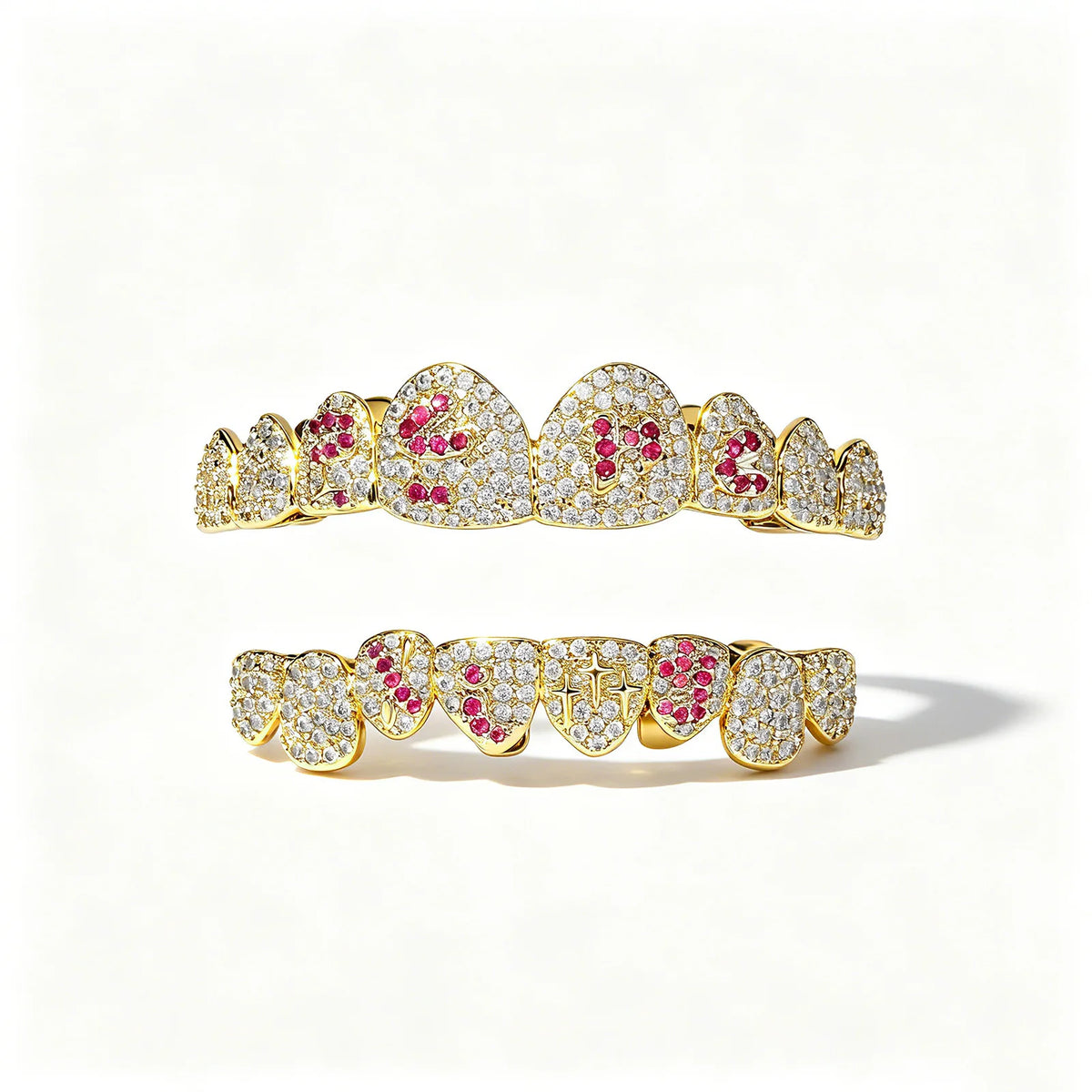 TOPGRILLZ White & Pink CZ Heart Cross Star Micro Pave Fang Grillz Set Gold Plated Top Bottom 8 Teeth Y2K Sweet Hip Hop Jewelry