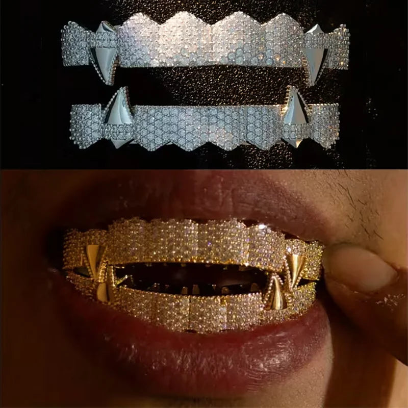TOPGRILLZ Iced Out 5A+ CZ Teeth Set 8 Top& 8 Bottom Mouth Gold Silver Color Tooth Caps Removable Dental Grills For Halloween