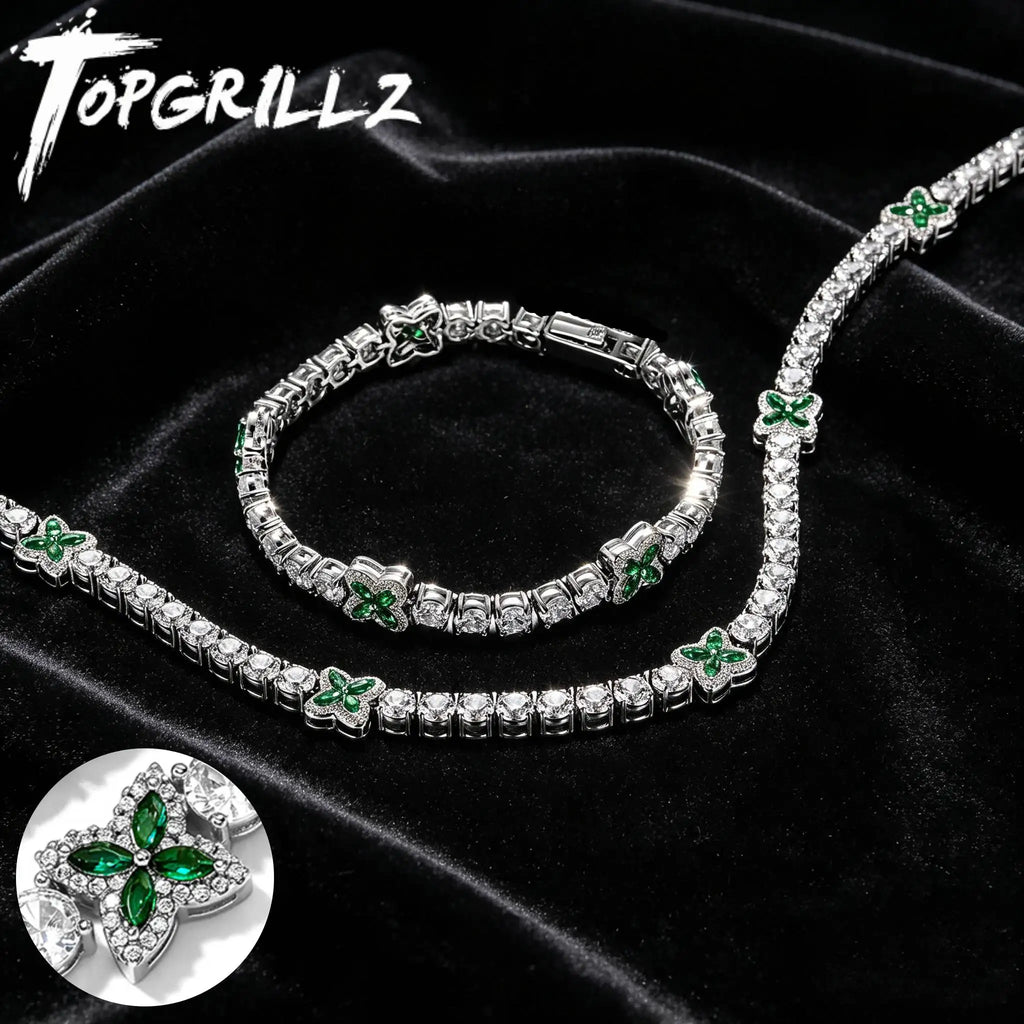 TOPGRILLZ Green Clover Tennis Chain Necklace Gold Plated White & Green CZ Four Leaf Charm Hip Hop Bling Jewelry Men Women Gift