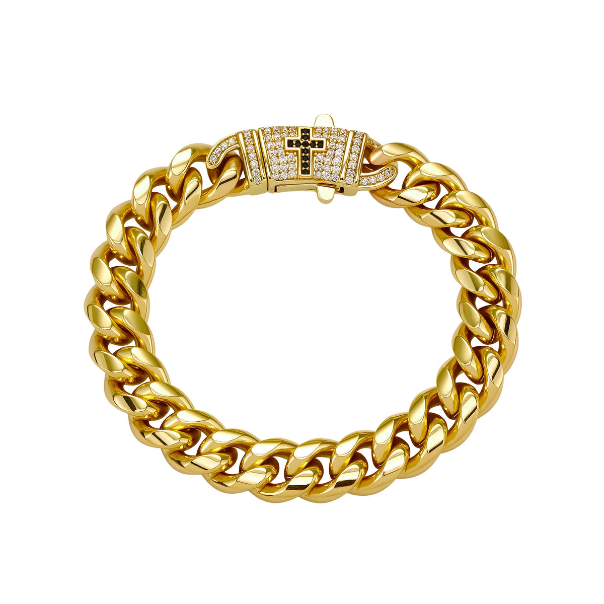 TOPGRILLZ Mens Streetwear Jewelry Gold Plated Copper Cuban Link Bracelet Black Cross Clasp Iced Out Gift For Men&Women