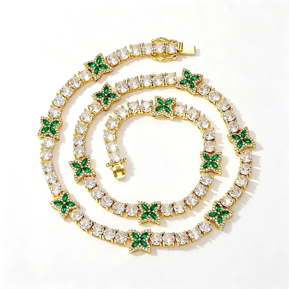 TOPGRILLZ Green Clover Tennis Chain Necklace Gold Plated White & Green CZ Four Leaf Charm Hip Hop Bling Jewelry Men Women Gift