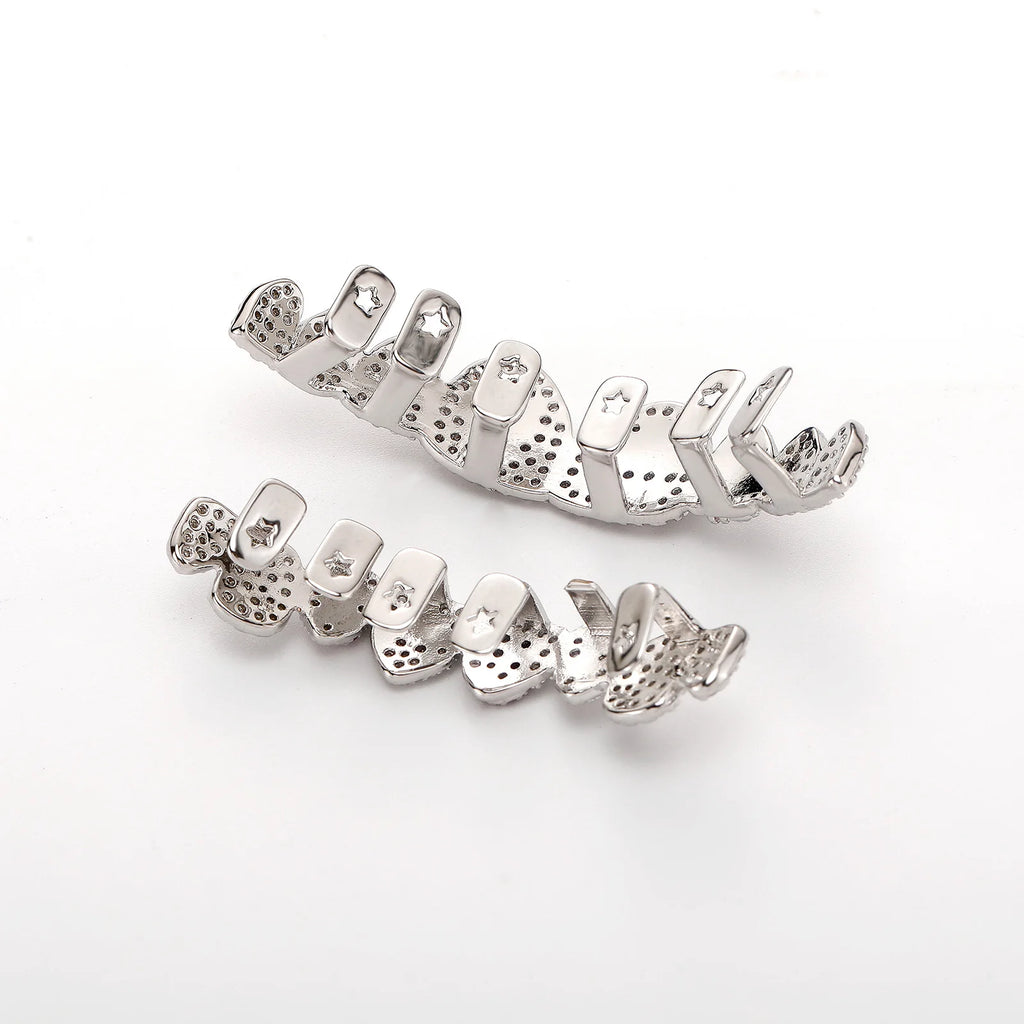 TOPGRILLZ White & Pink CZ Heart Cross Star Micro Pave Fang Grillz Set Gold Plated Top Bottom 8 Teeth Y2K Sweet Hip Hop Jewelry