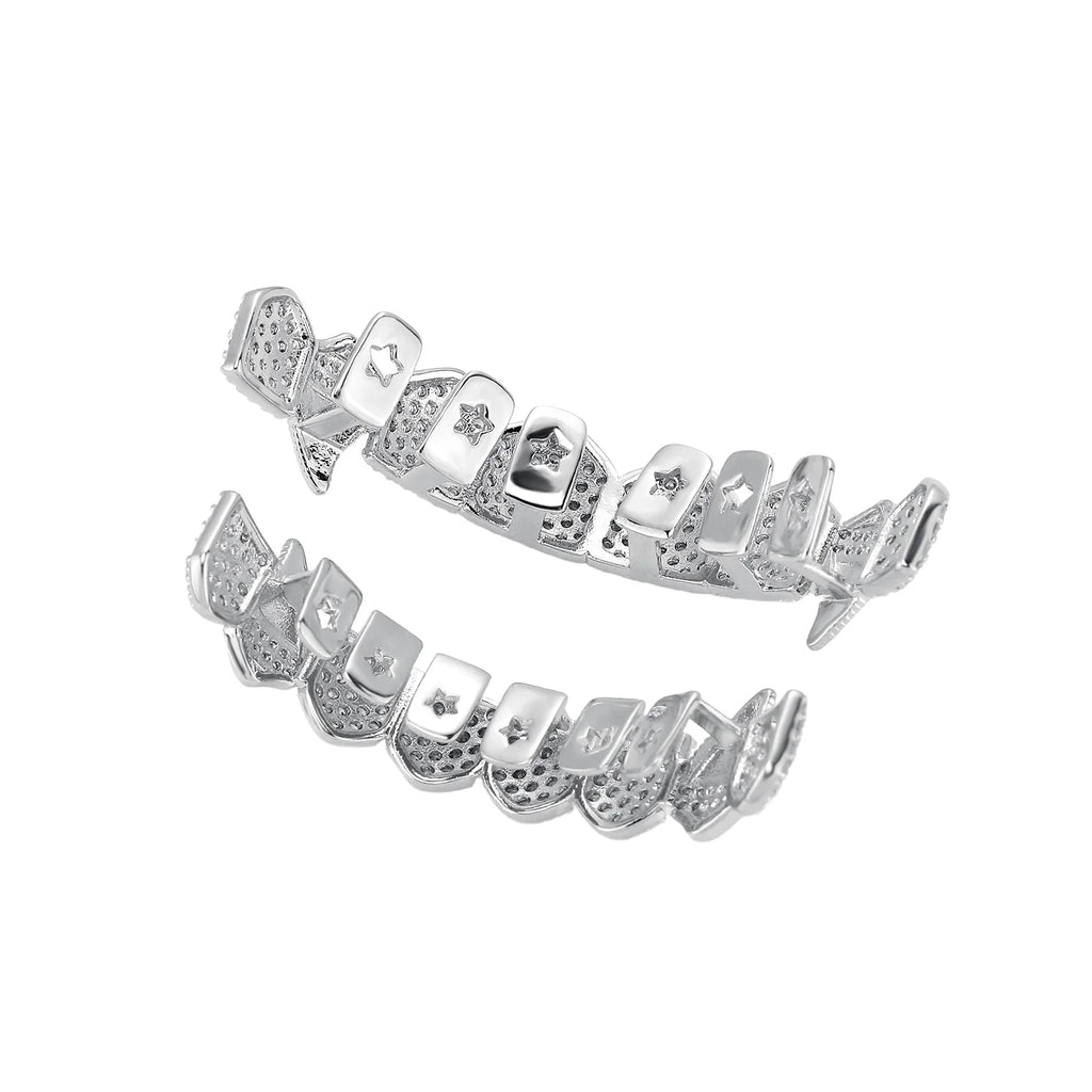 TOPGRILLZ Iced Out 5A+ CZ Teeth Set 8 Top& 8 Bottom Mouth Gold Silver Color Tooth Caps Removable Dental Grills For Halloween