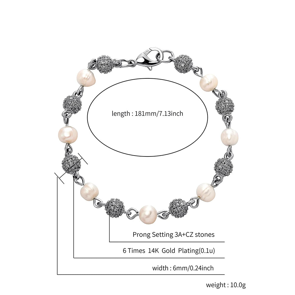 TOPGRILLZ 6mm8mm Big Round Ball Bracelet with Pearl Hip Hop Bracelet Iced Out CZ Gold Color Bracelet Punk Bling Jewelry For Gift