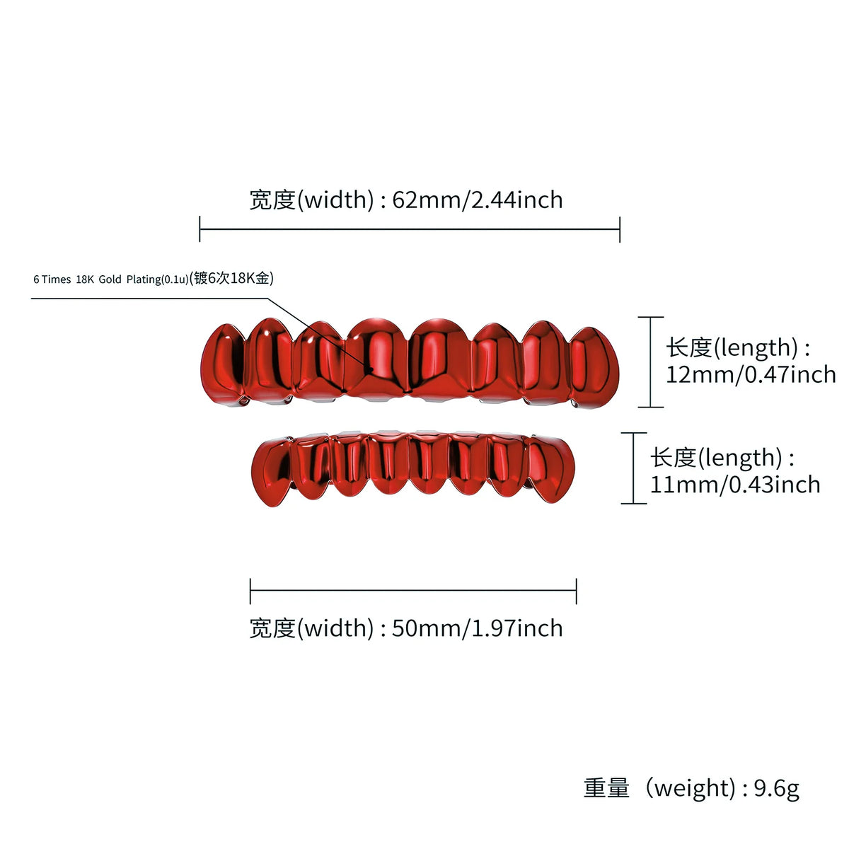 TOPGRILLZ Red Mirror Hip Hop Grillz Set 2Pcs 8 Teeth Top Bottom Grills Y2K Party Cosplay Teeth Halloween Jewelry Men Women