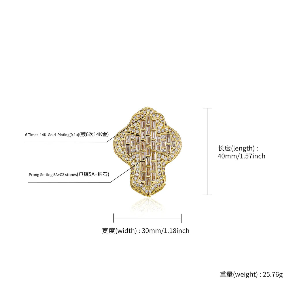 TOPGRILLZ Baguette Iced Out Bling CZ Cross Ring Gold Plated Prong Setting Cubic Zirconia Big Rings Hip Hop Luxulry Jewelry