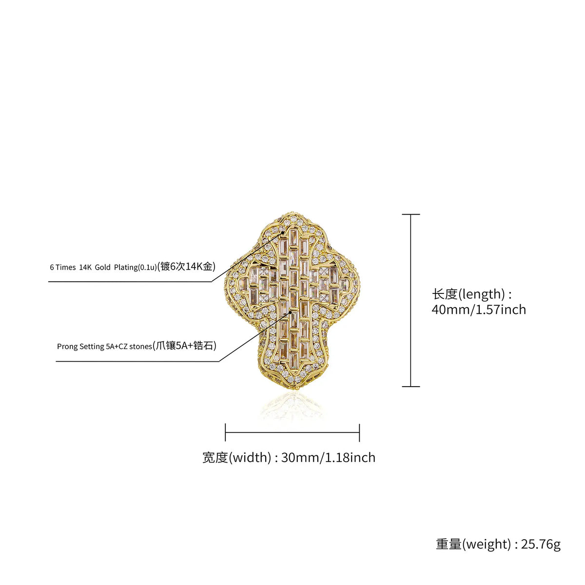 TOPGRILLZ Baguette Iced Out Bling CZ Cross Ring Gold Plated Prong Setting Cubic Zirconia Big Rings Hip Hop Luxulry Jewelry