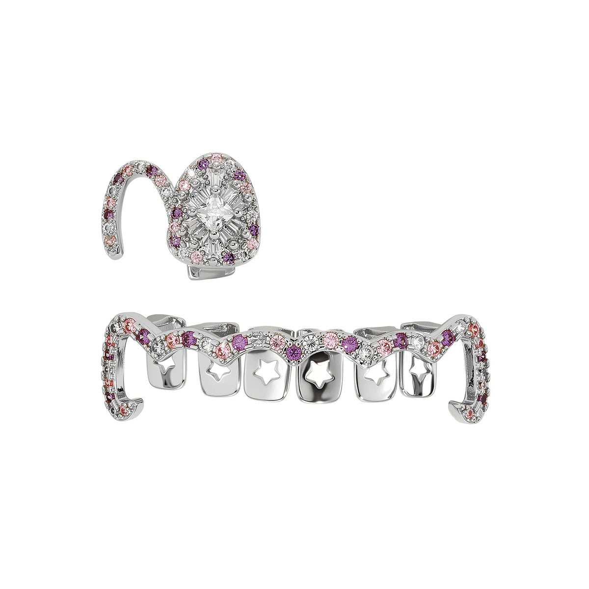 TOPGRILLZ Y2K Sweet Cool Grillz Pink Purple CZ Gold Plated Fang and Wavy Bar Set Women Men Couple Teeth Jewelry
