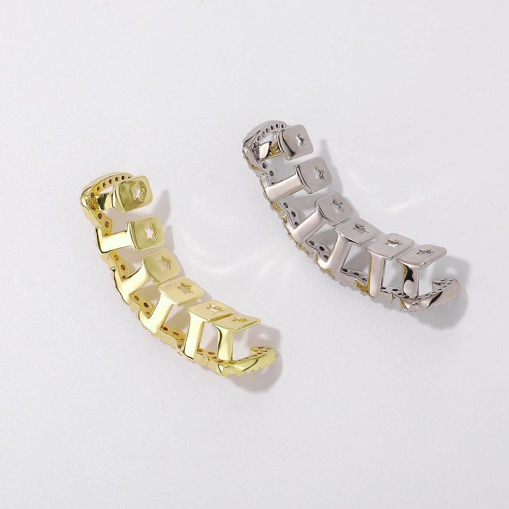 TOPGRILLZ Y2K Sweet Cool Grillz Pink Purple CZ Gold Plated Fang and Wavy Bar Set Women Men Couple Teeth Jewelry