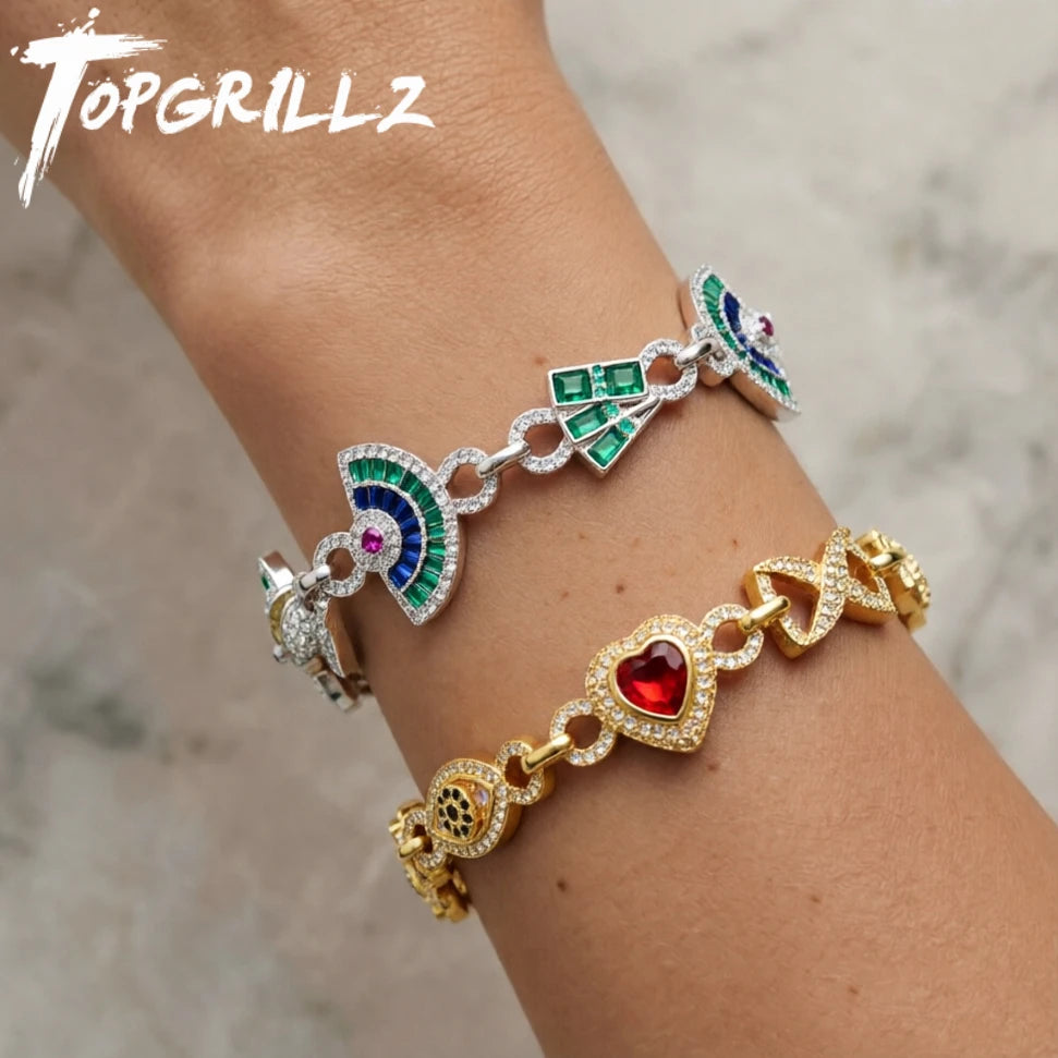 TOPGRILLZ Womens Streetwear Jewelry Gold Plated Flower Evil Eye Heart Charms Cross Bracelet Micro Pave Bling Gift For Men